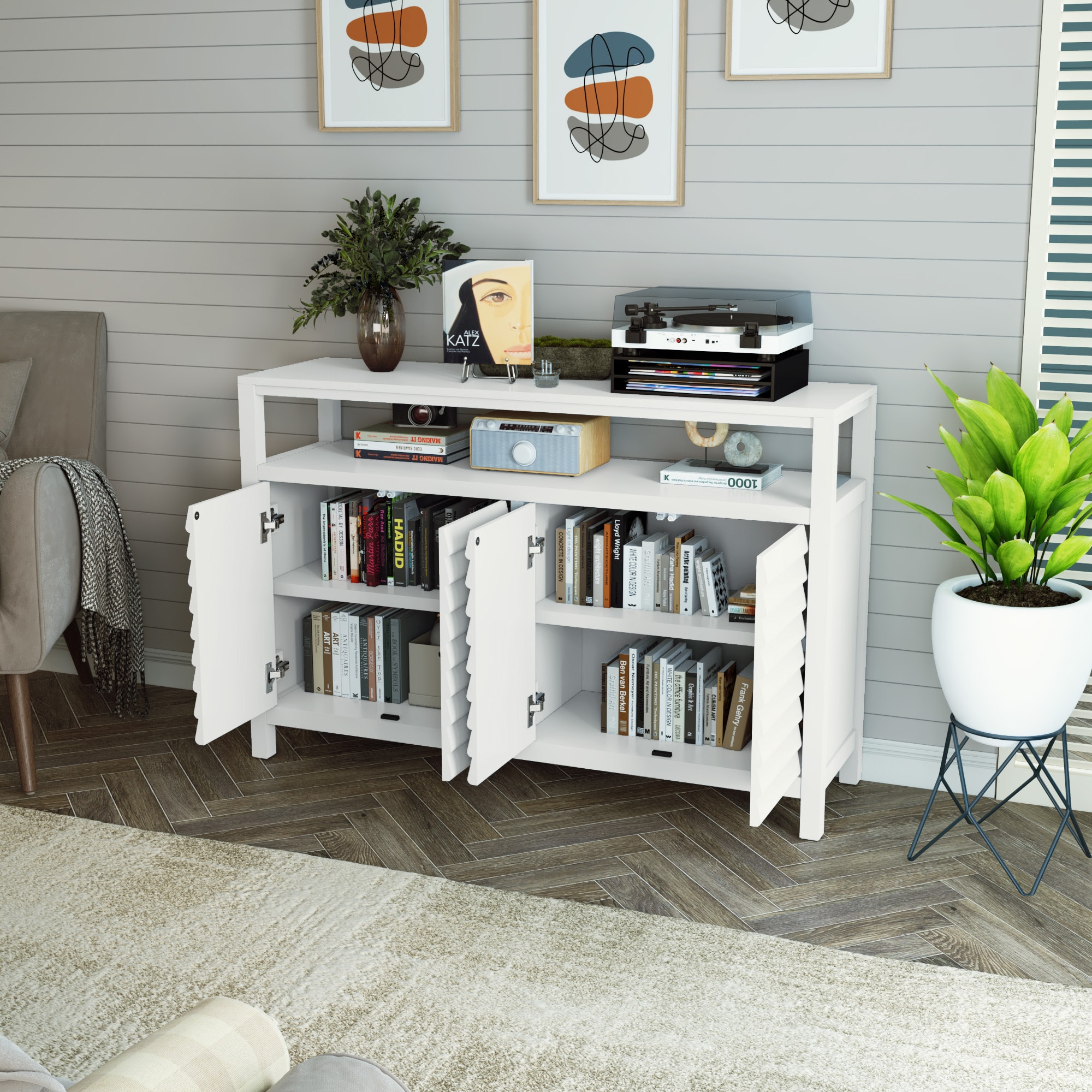 Home Office Cabinet With 4 Doors&Shelves, Accent Storage Cabinet With Decorative Louvered Doors, White Credenza Storage Cabinet For Living Room, Hallway, Kitchen, Dining Room_voghion.com